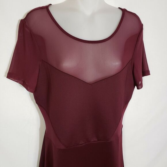 Divided H&M Women Dress 12 Maroon Fit & Flare Mesh Sheer Short Sleeve Above Knee - Picture 3 of 8